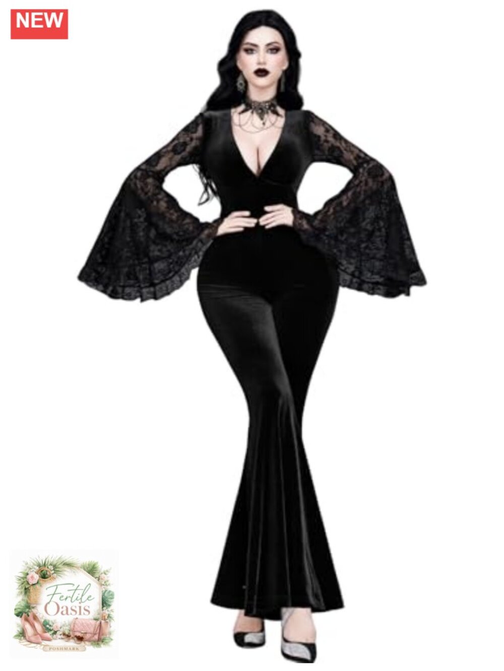 Gothic Sexy Jumpsuit Mesh Lace Velvet High Waisted Witchy Clubwear